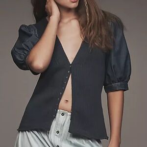 Anthropologie Pilcro Puff-Sleeve Denim V-Neck top